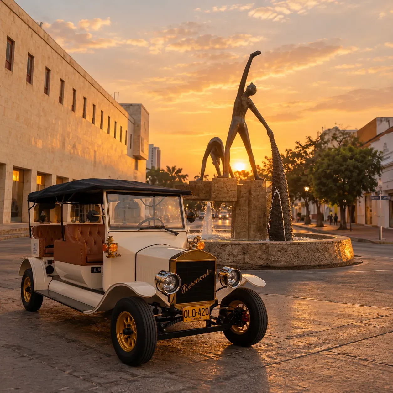 Vehículo clásico descapotable blanco con asientos negros, disponible como transporte turístico para llegar a restaurantes de Grupo Viva La Vida en Cartagena.