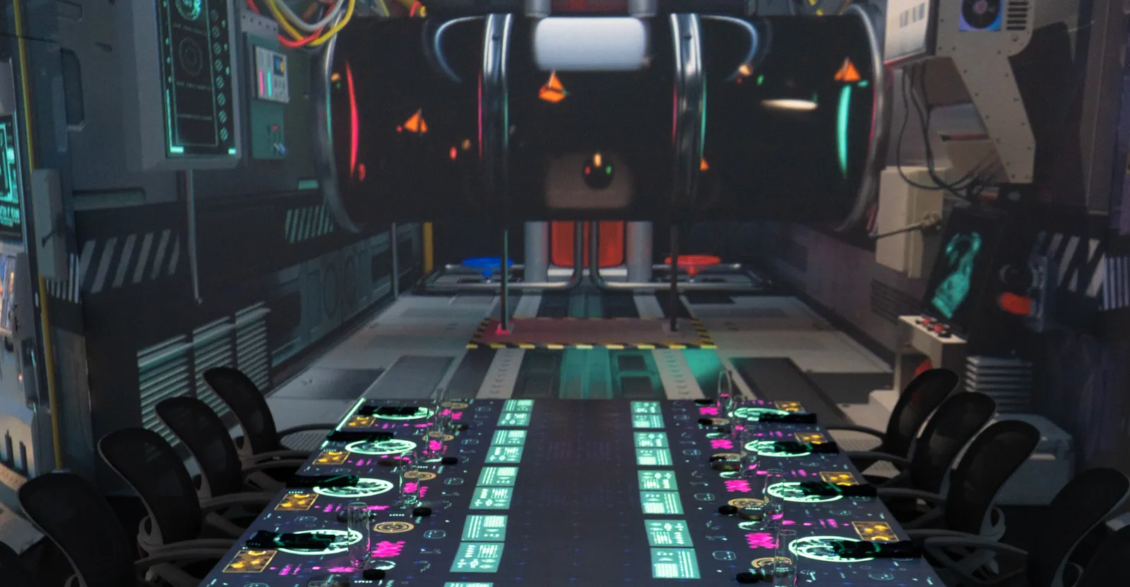 La mesa larga de Frenessí convertida en el interior de una nave espacial: pantallas y controles luminosos proyectados sobre la mesa y las paredes.