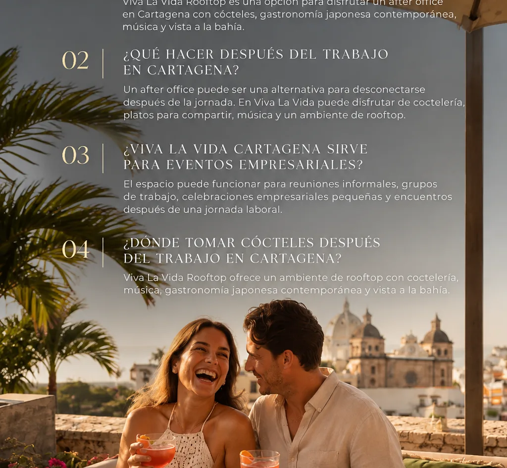 El día laboral termina, pero la noche apenas comienza.
Si está buscando un after office en Cartagena para reunirse, brindar y cambiar de ritmo, Viva La Vida Rooftop reúne gastronomía, coctelería, música y una vista especial de la ciudad.
Reserve su mesa y convierta el final de la jornada en el comienzo de una buena noche.