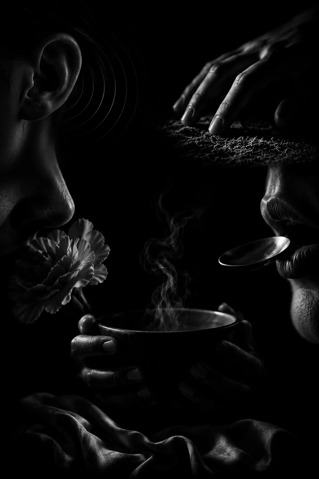 Collage sensorial de Sombras Cartagena, experiencia gastronómica a ciegas en el Centro de Convenciones Cartagena de Indias.