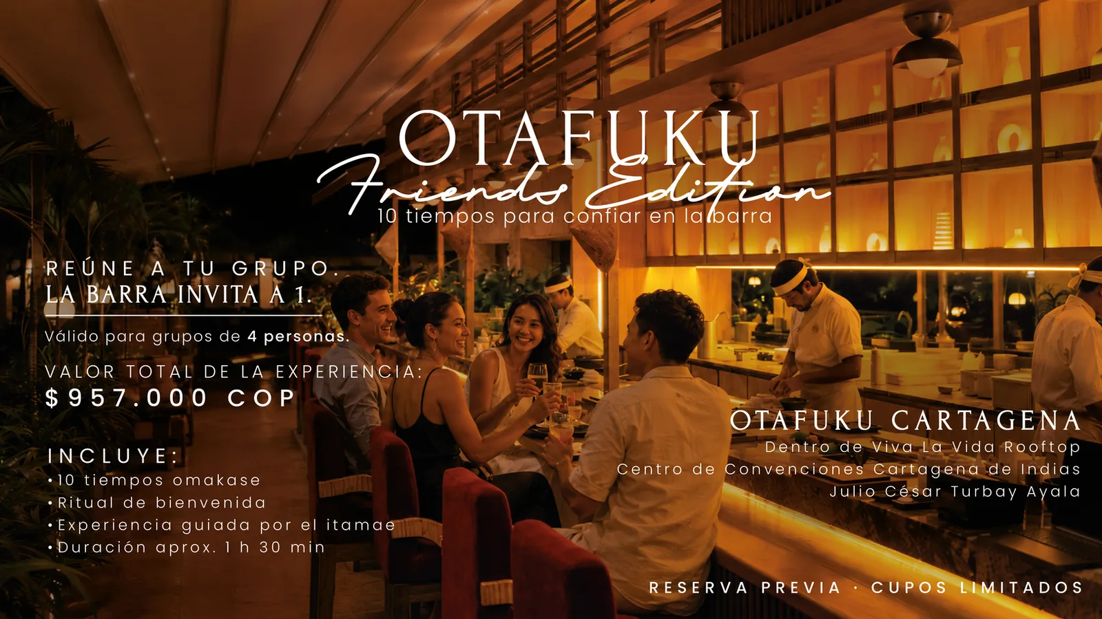 Otafuku Friends Edition en Cartagena, experiencia omakase para grupos de 4 personas dentro de Viva La Vida Rooftop.