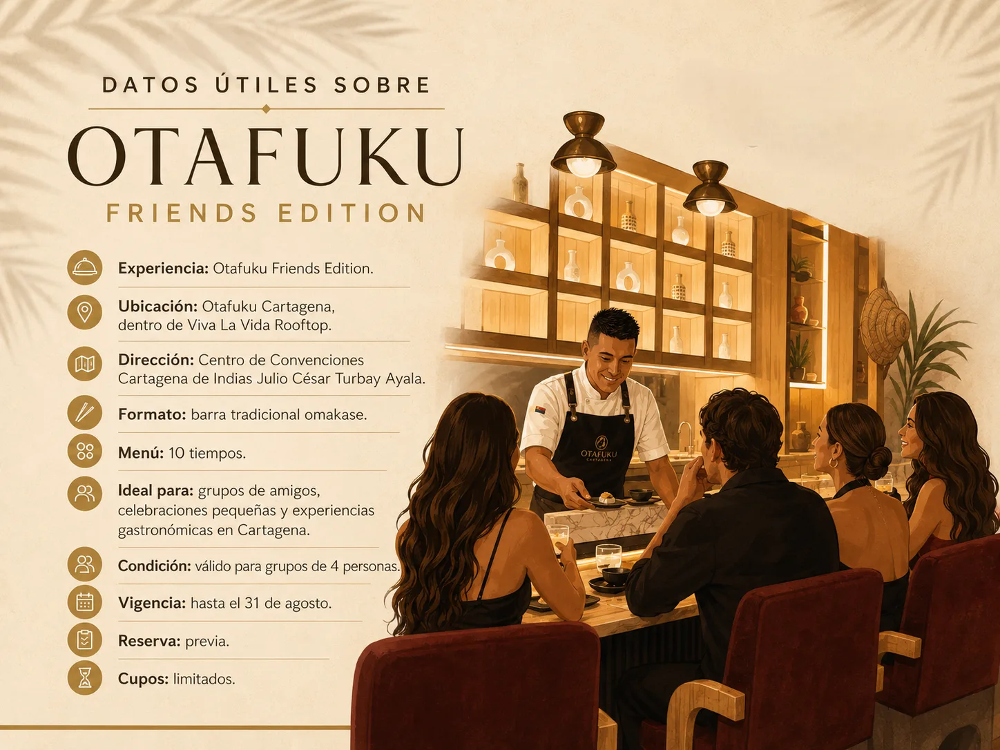 Otafuku Friends Edition en Cartagena, experiencia omakase para grupos de 4 personas dentro de Viva La Vida Rooftop.