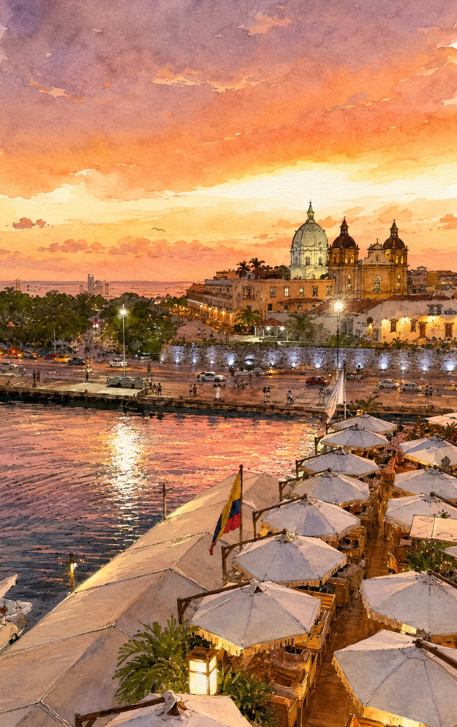 Vista aérea de Viva La Vida Cartagena al atardecer, con la Bahía de las Ánimas, terrazas con sombrillas y la Torre del Reloj y cúpulas del Centro Histórico al fondo.