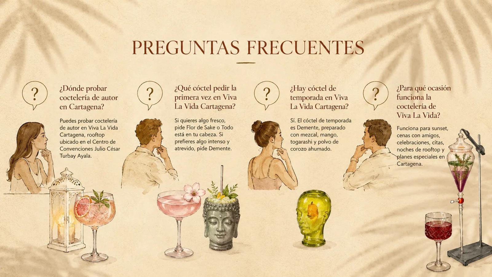 Preguntas frecuentes sobre coctelería de autor en Viva La Vida Cartagena, rooftop ubicado en el Centro de Convenciones Julio César Turbay Ayala.