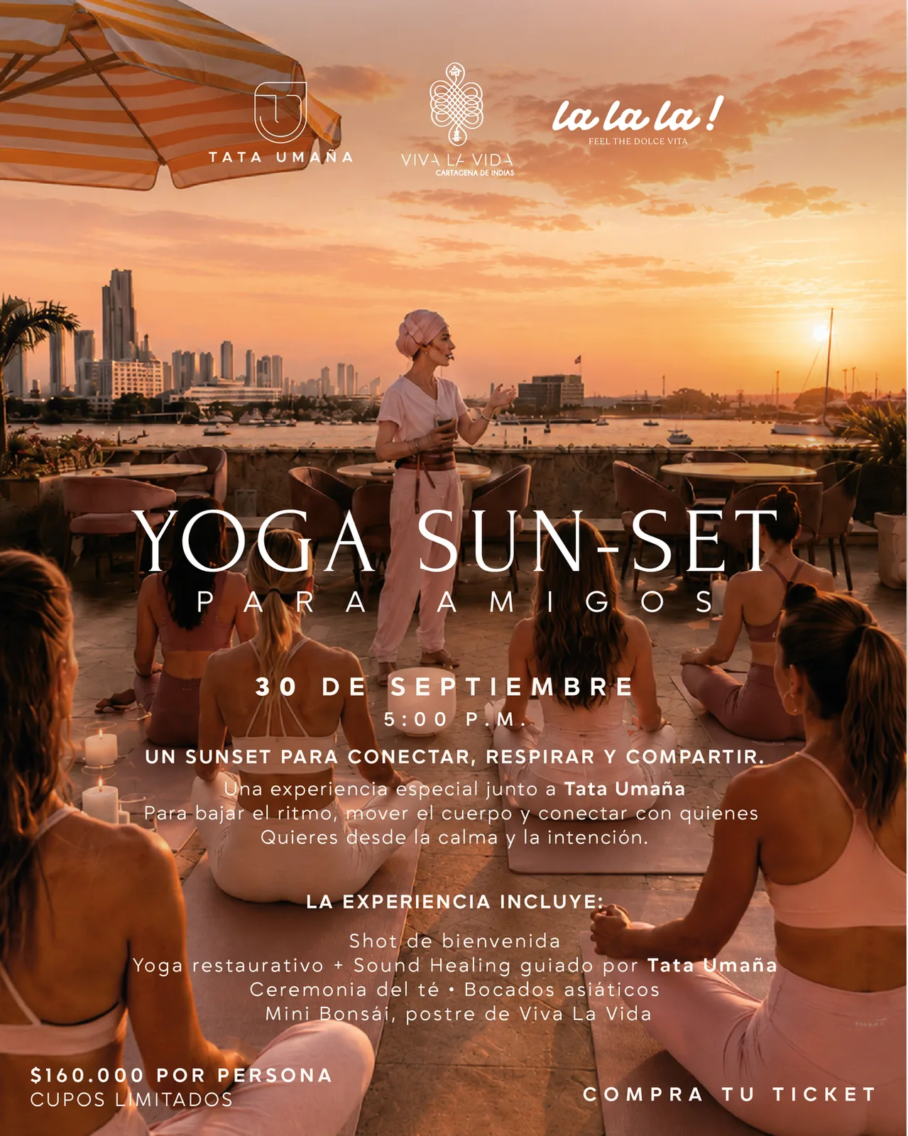 Yoga Sun-Set para Amigos en Viva La Vida Cartagena, experiencia de bienestar en rooftop con sunset y sound healing.